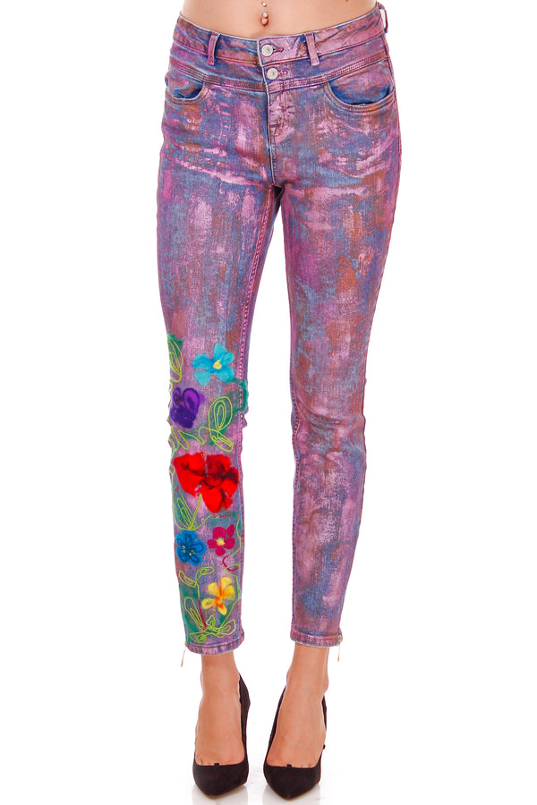 Pantalon denim impaslit cu flori P-12