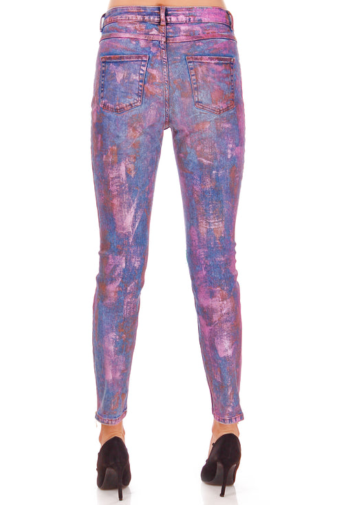 Pantalon denim impaslit cu flori P-12