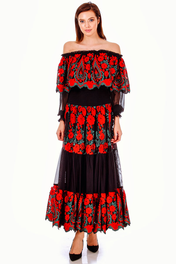 Rochie dantela neagra cu flori P-20