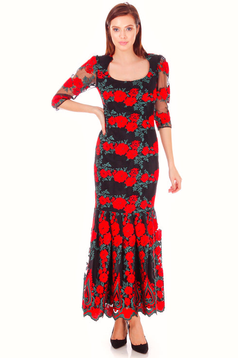 Rochie dantela neagra cu flori P-21