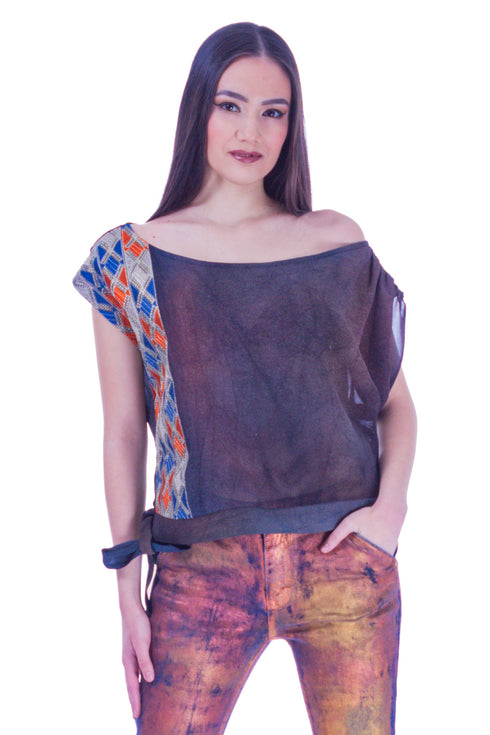 Bluza tul mov cu broderie I-29