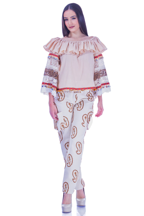 Bluza bej cu garnituri dantelate I-33