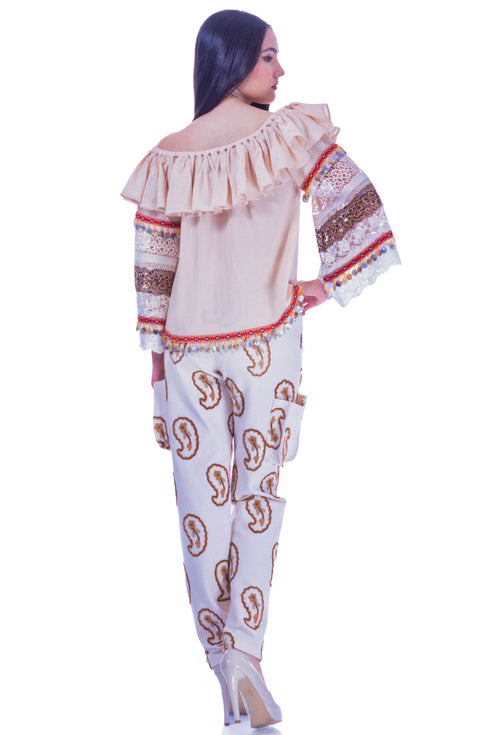 Pantalon bej cu broderie I-34