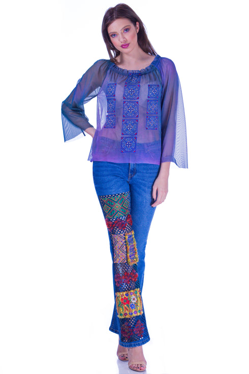 Pantalon denim albastru cu broderie I-44