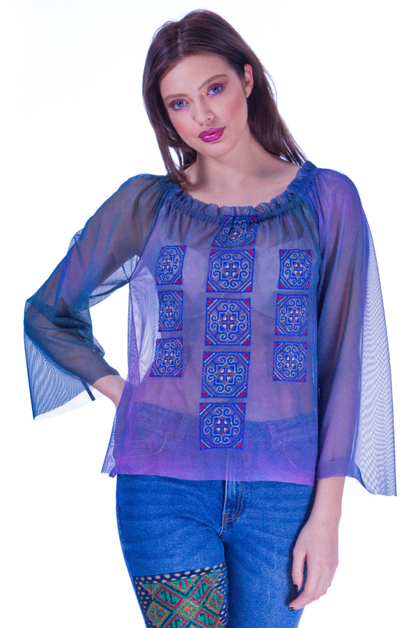 Bluza tul albastru cu broderie I-43
