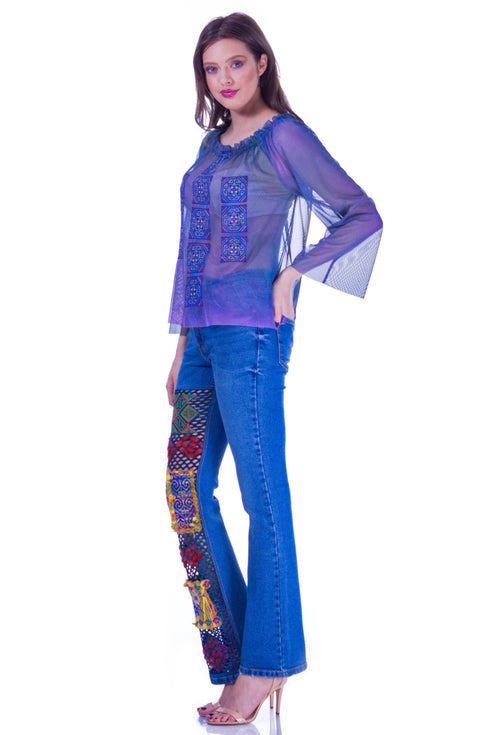 Bluza tul albastru cu broderie I-43