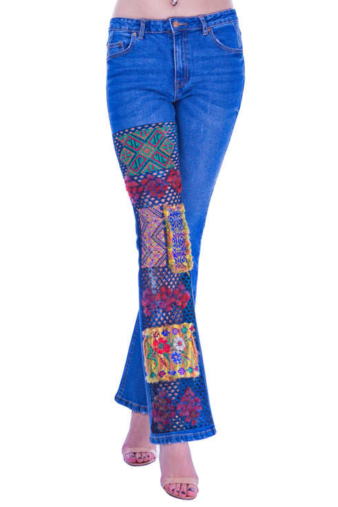 Pantalon denim albastru cu broderie I-44