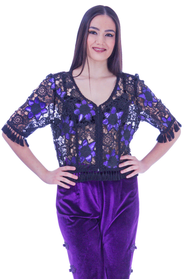 Bluza dantela si piele pictata manual I-47