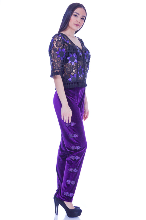 Bluza dantela si piele pictata manual I-47