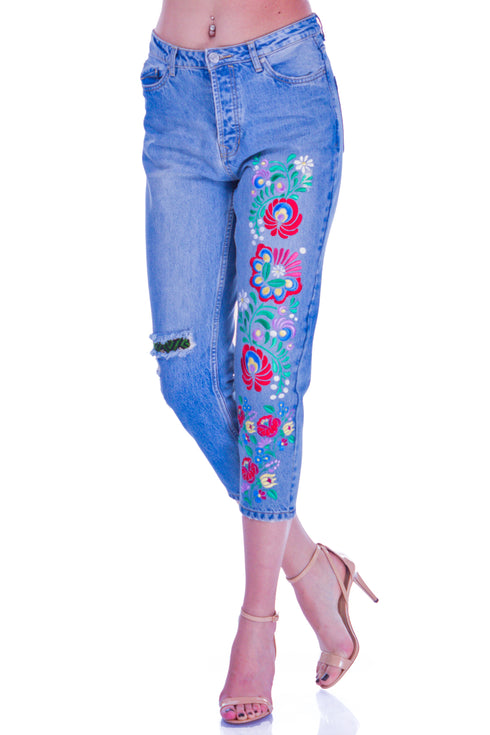 Pantaloni denim cu broderie I-53