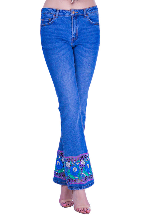 Pantalon denim cu broderie I-55