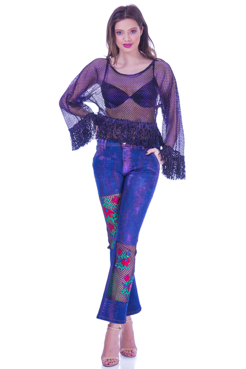 Pantalon denim cu broderie I-57