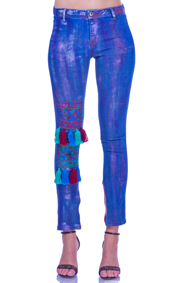 Pantalon denim cu broderie I-77