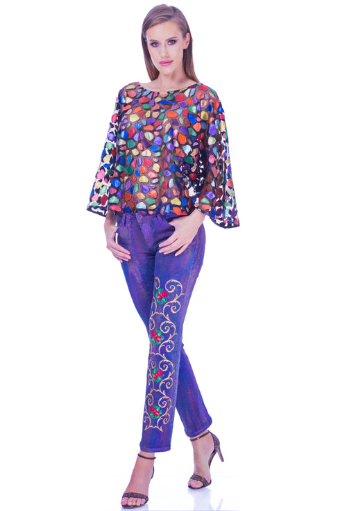 Pantalon denim cu broderie I-81