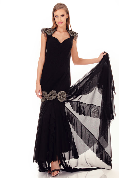 Rochie tul negru cu broderie I-108