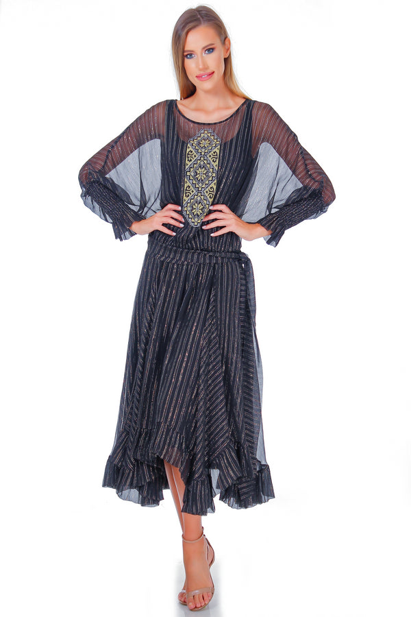 Rochie matase neagra cu broderie ID-7