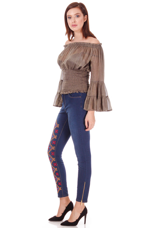 Pantalon denim cu broderie P-63