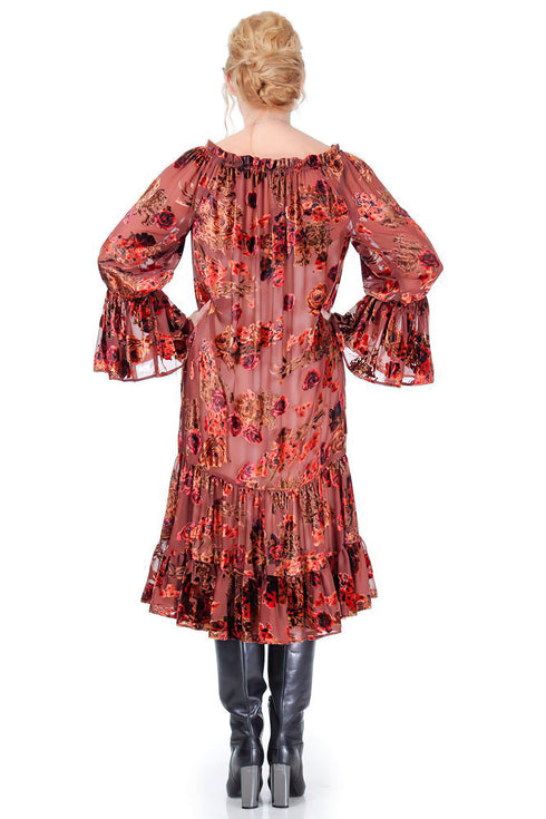 Rochie catifea maro cu flori freeshipping - Liza Panait Online Boutique