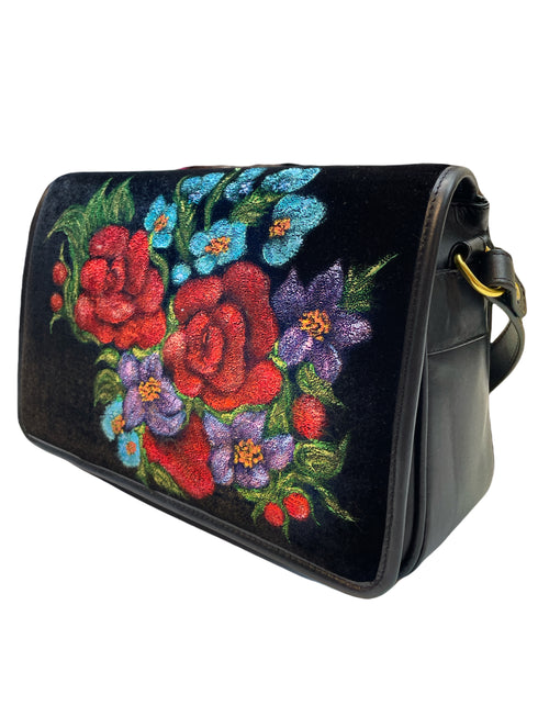 Poseta piele si catifea pictata manual