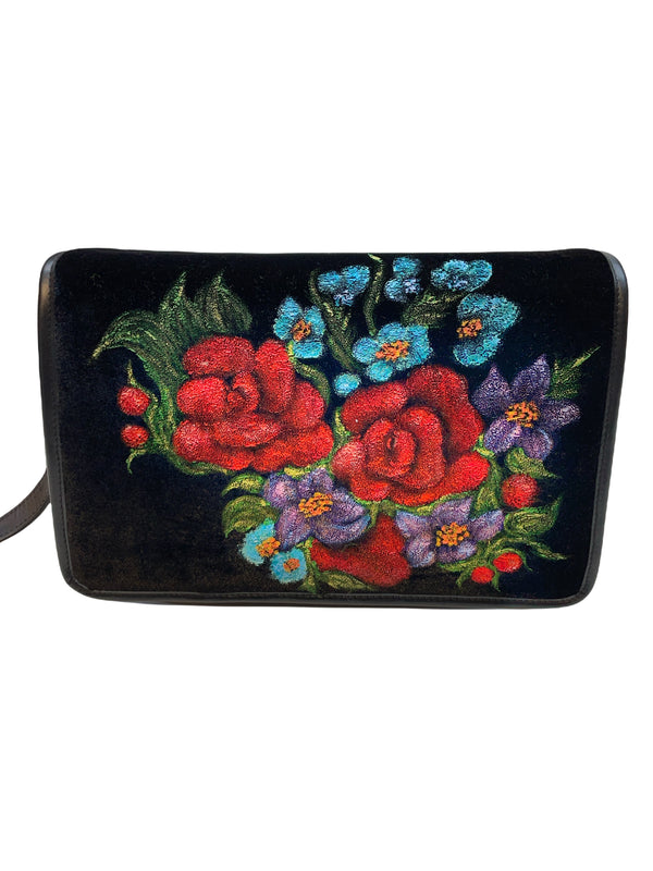 Poseta piele si catifea pictata manual